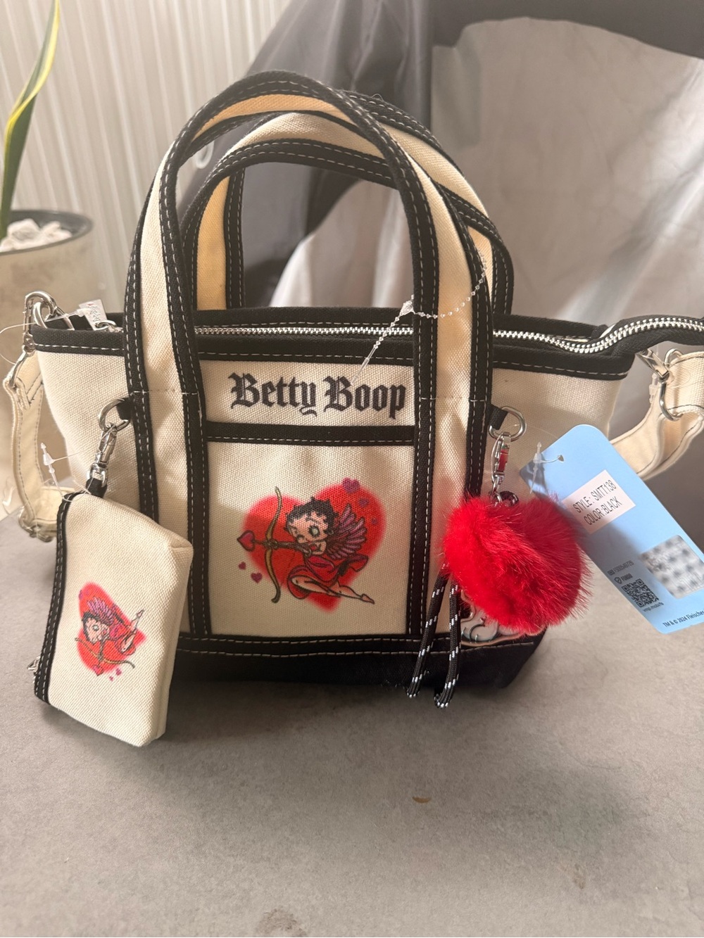 Betty Boop Cream & Black Mini Tote with Red Pom Charm